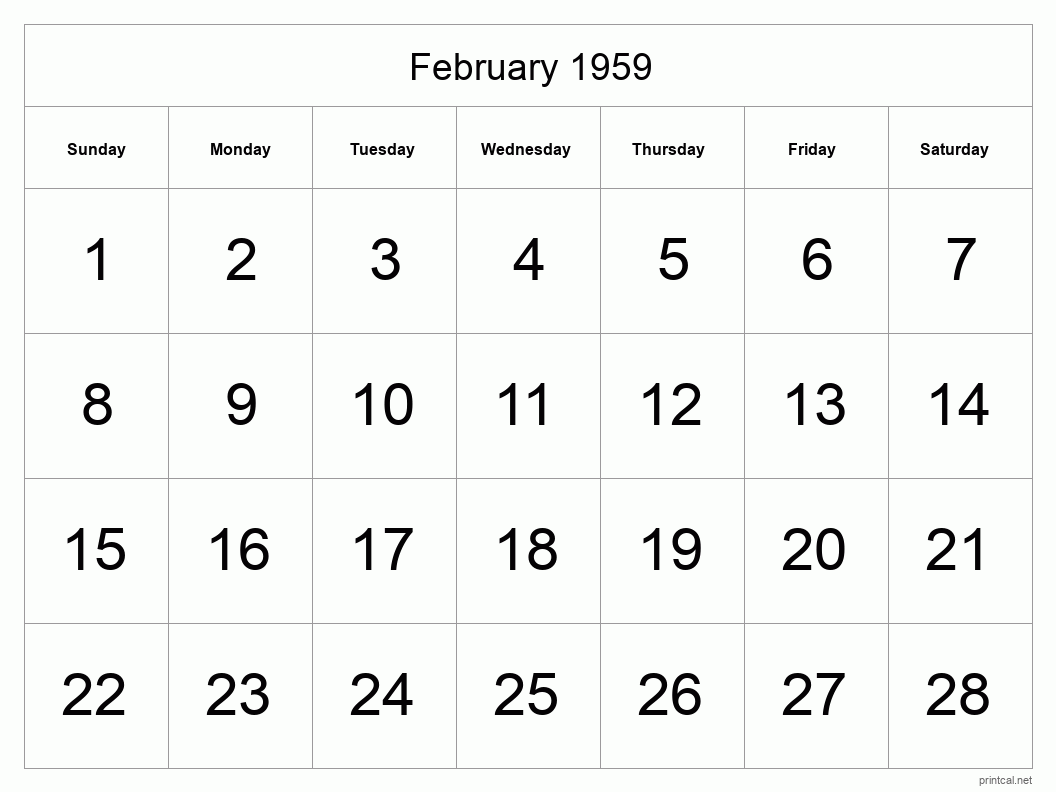 February 1959 Printable Calendar - Big Dates