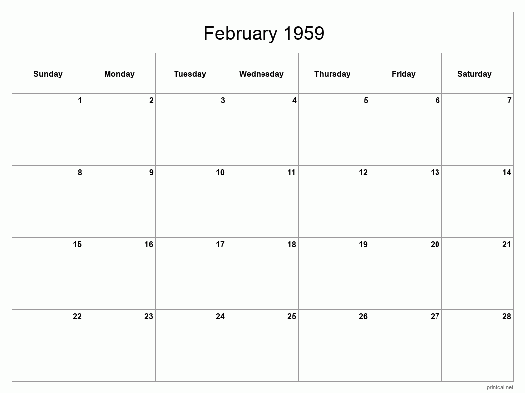 February 1959 Printable Calendar - Classic Blank Sheet