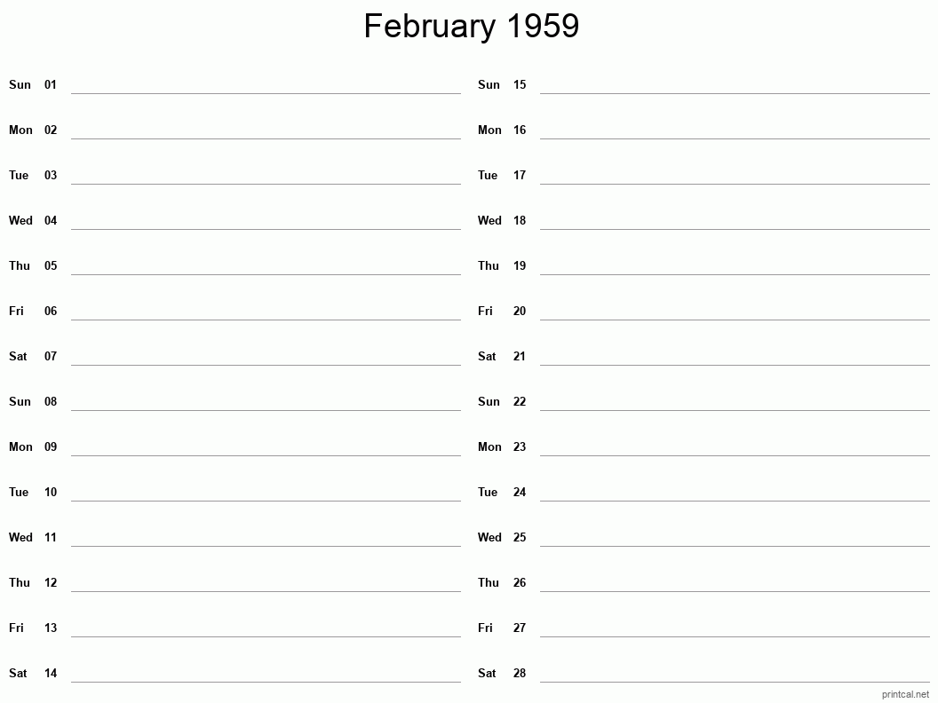 February 1959 Printable Calendar - Two Column Notesheet