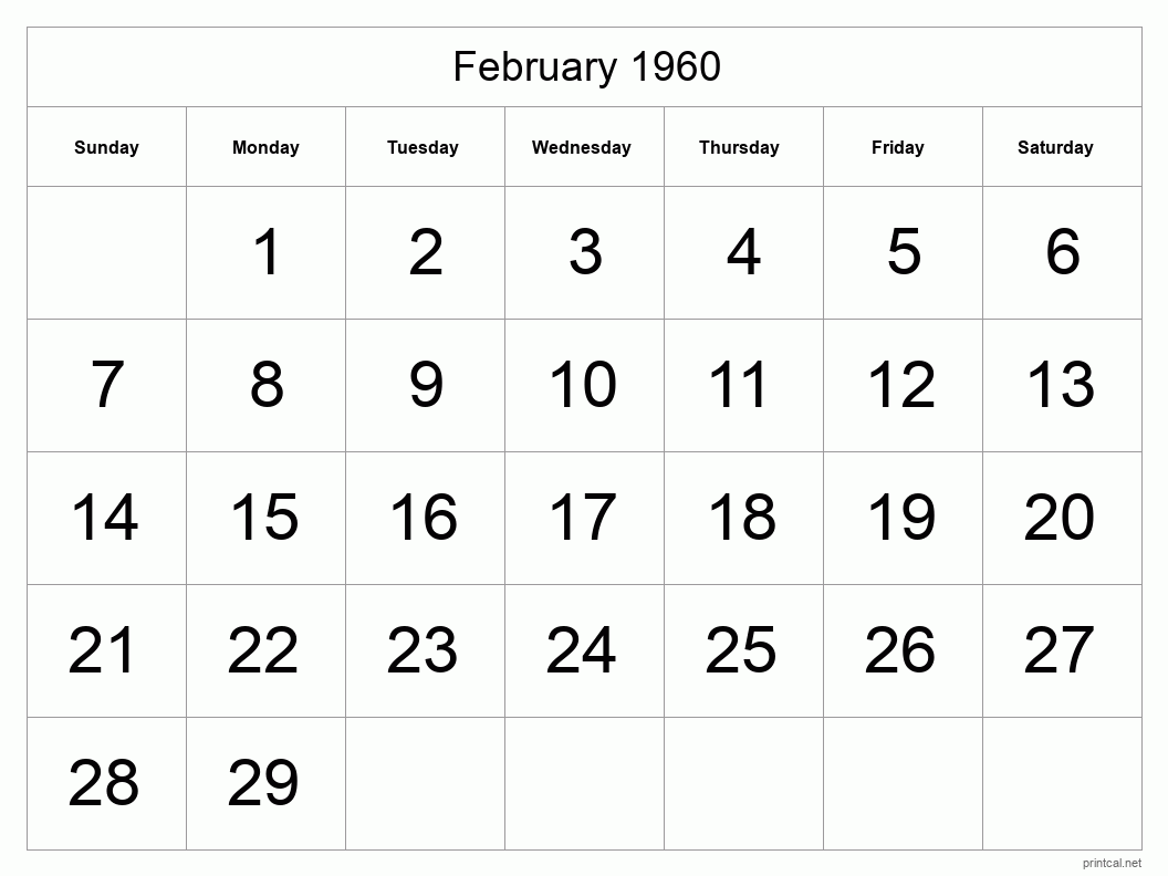 February 1960 Printable Calendar - Big Dates