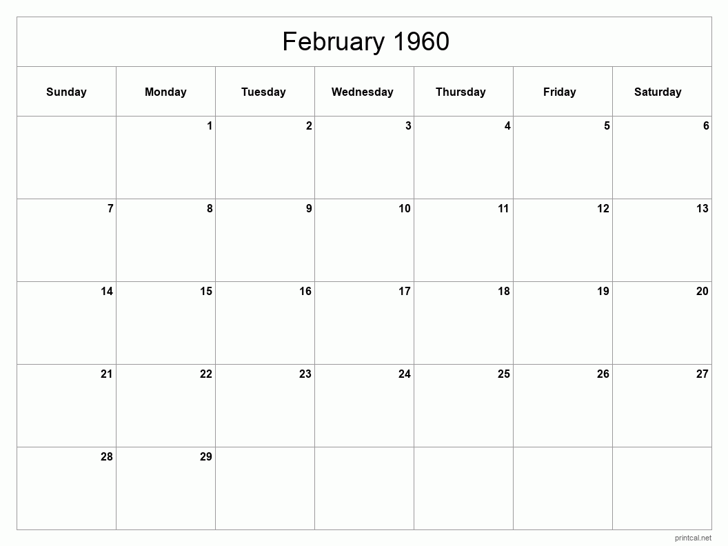 February 1960 Printable Calendar - Classic Blank Sheet