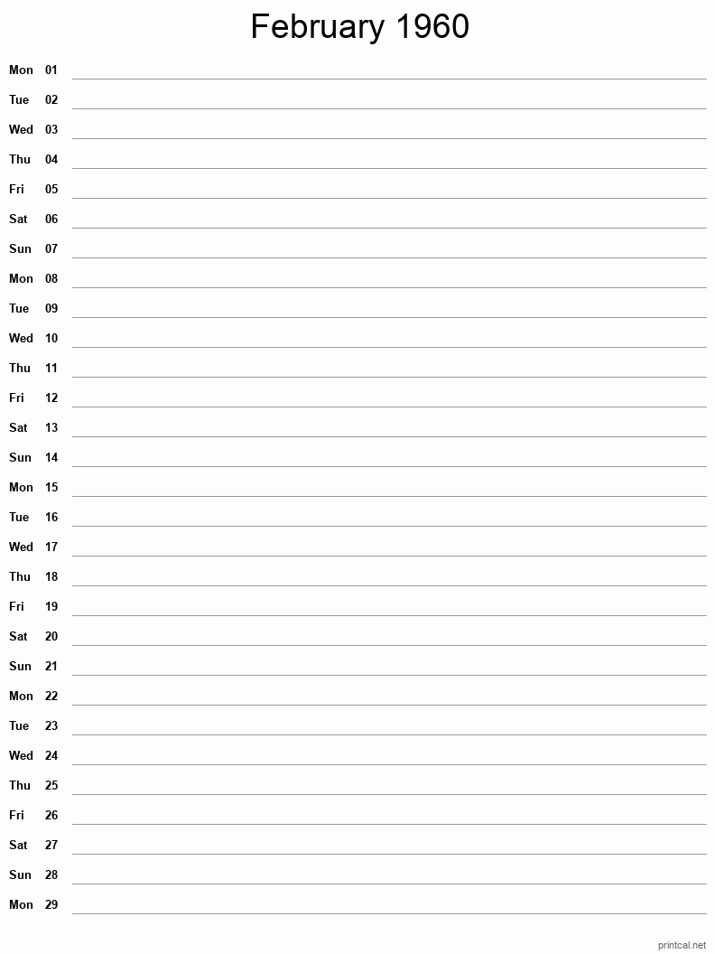 February 1960 Printable Calendar - Single Column Notesheet