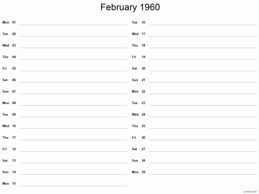 February 1960 Printable Calendar - Two Column Notesheet