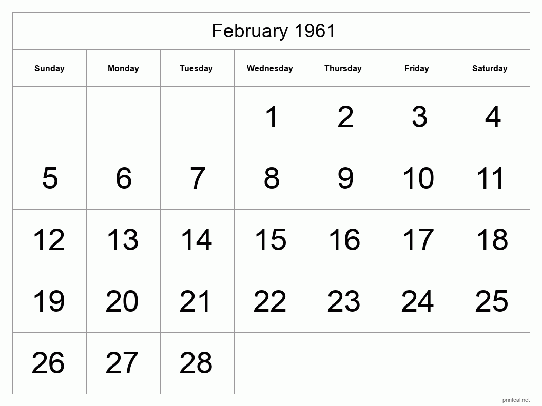 February 1961 Printable Calendar - Big Dates