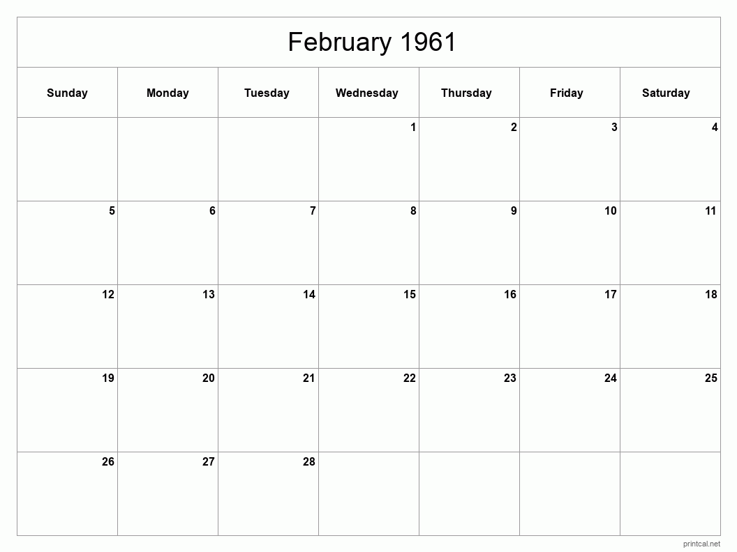 February 1961 Printable Calendar - Classic Blank Sheet