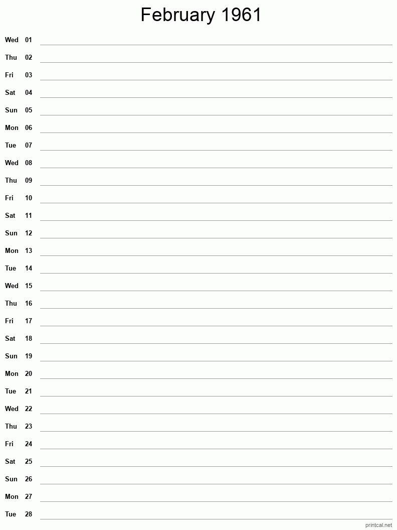 February 1961 Printable Calendar - Single Column Notesheet