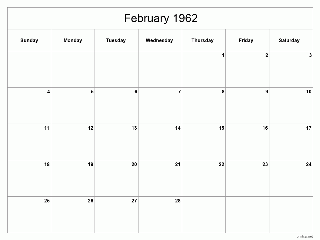 February 1962 Printable Calendar - Classic Blank Sheet