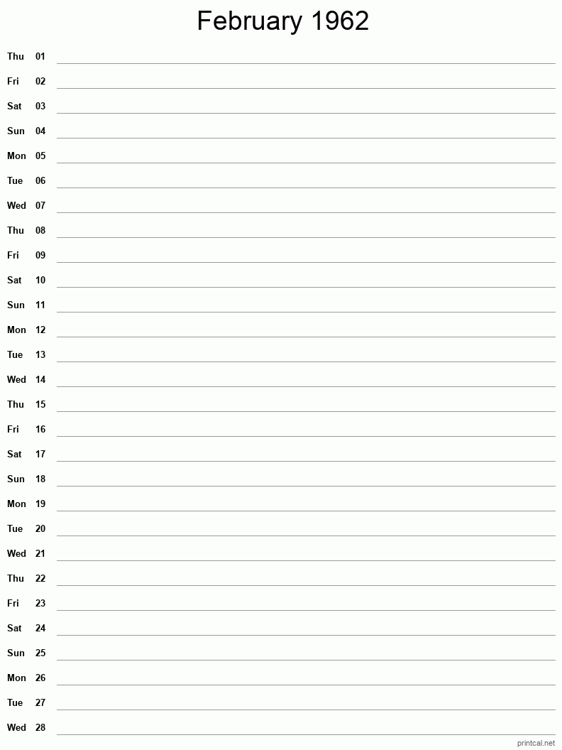 February 1962 Printable Calendar - Single Column Notesheet