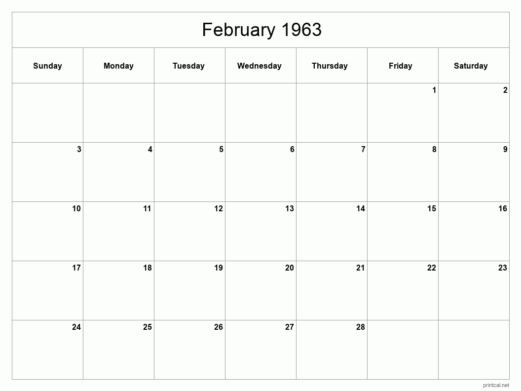 February 1963 Printable Calendar - Classic Blank Sheet