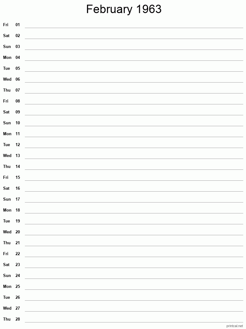 February 1963 Printable Calendar - Single Column Notesheet