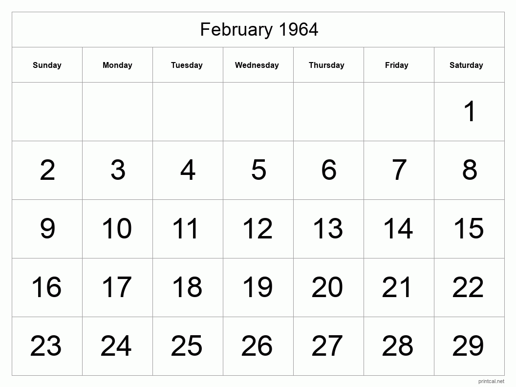 February 1964 Printable Calendar - Big Dates