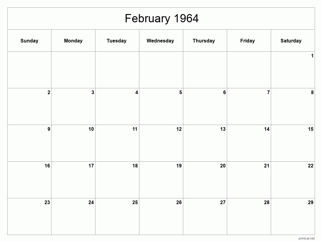 February 1964 Printable Calendar - Classic Blank Sheet