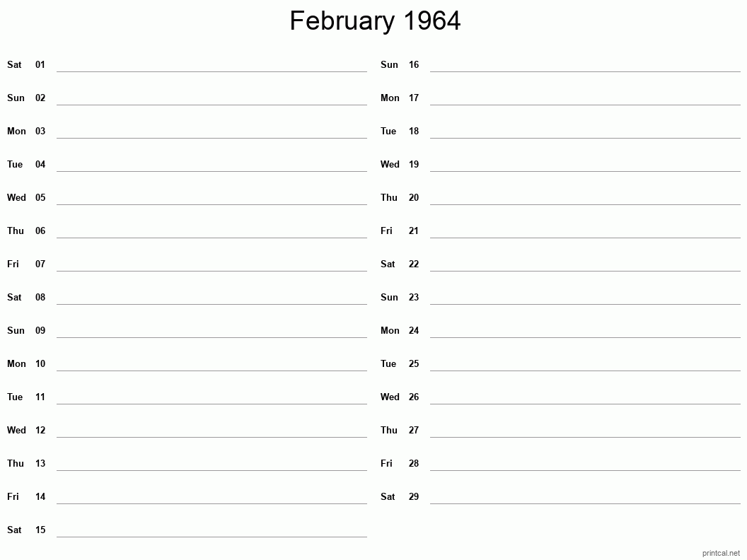 February 1964 Printable Calendar - Two Column Notesheet