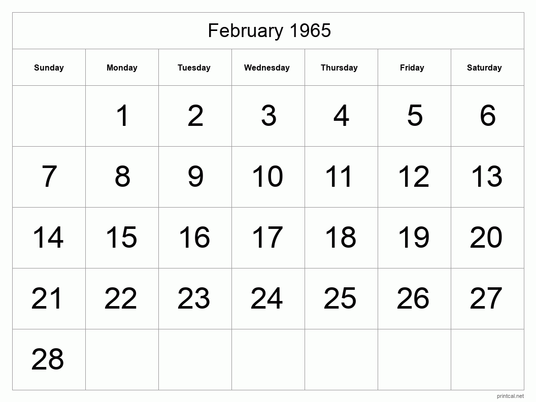 February 1965 Printable Calendar - Big Dates