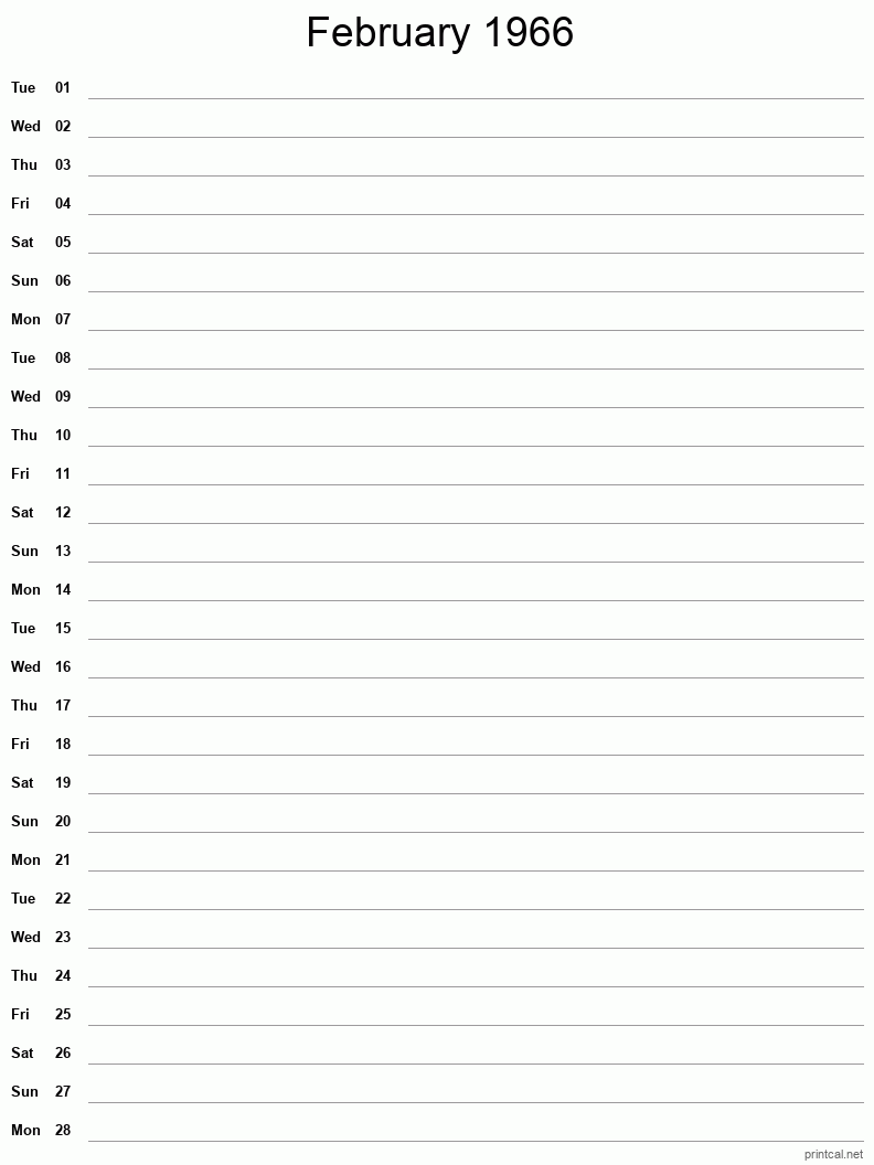 February 1966 Printable Calendar - Single Column Notesheet