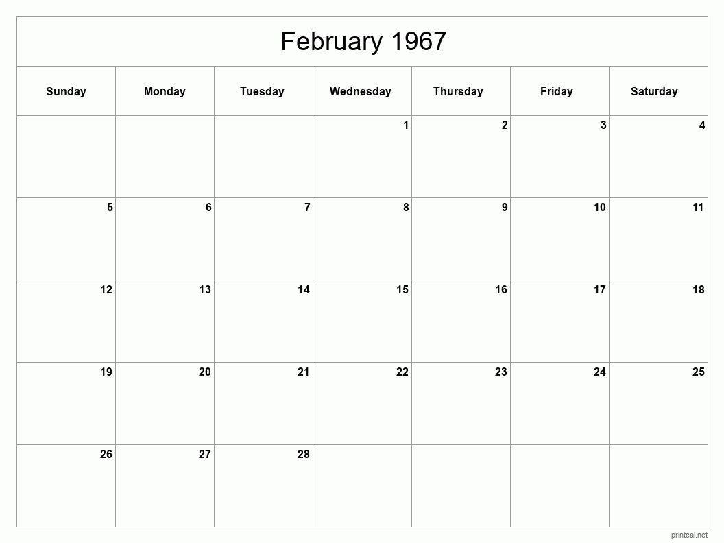 February 1967 Printable Calendar - Classic Blank Sheet