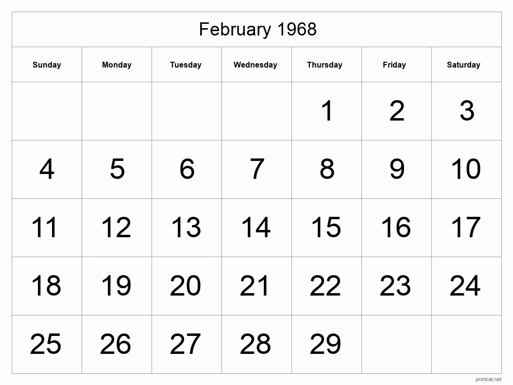 February 1968 Printable Calendar - Big Dates