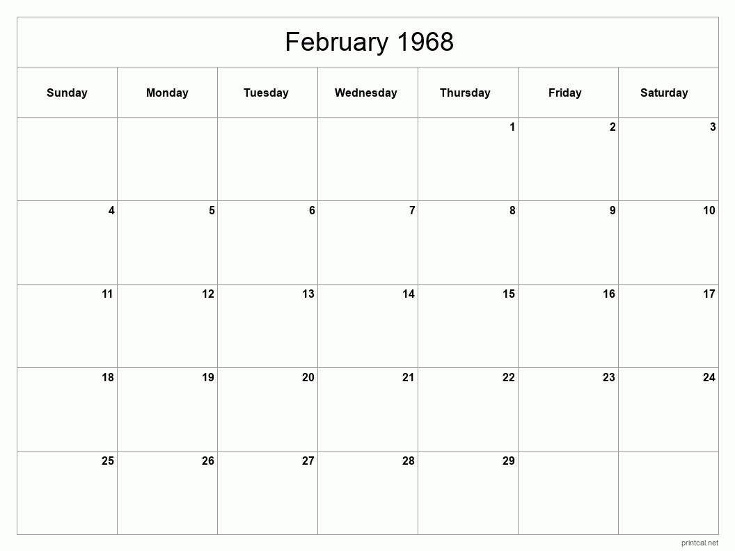 February 1968 Printable Calendar - Classic Blank Sheet