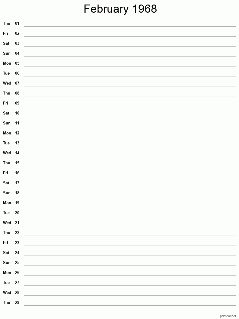 February 1968 Printable Calendar - Single Column Notesheet