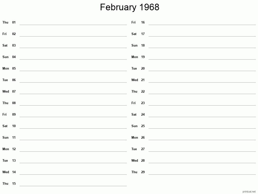 February 1968 Printable Calendar - Two Column Notesheet