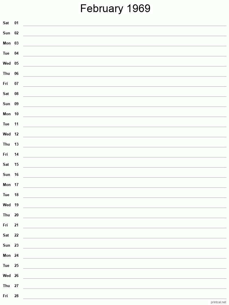 February 1969 Printable Calendar - Single Column Notesheet