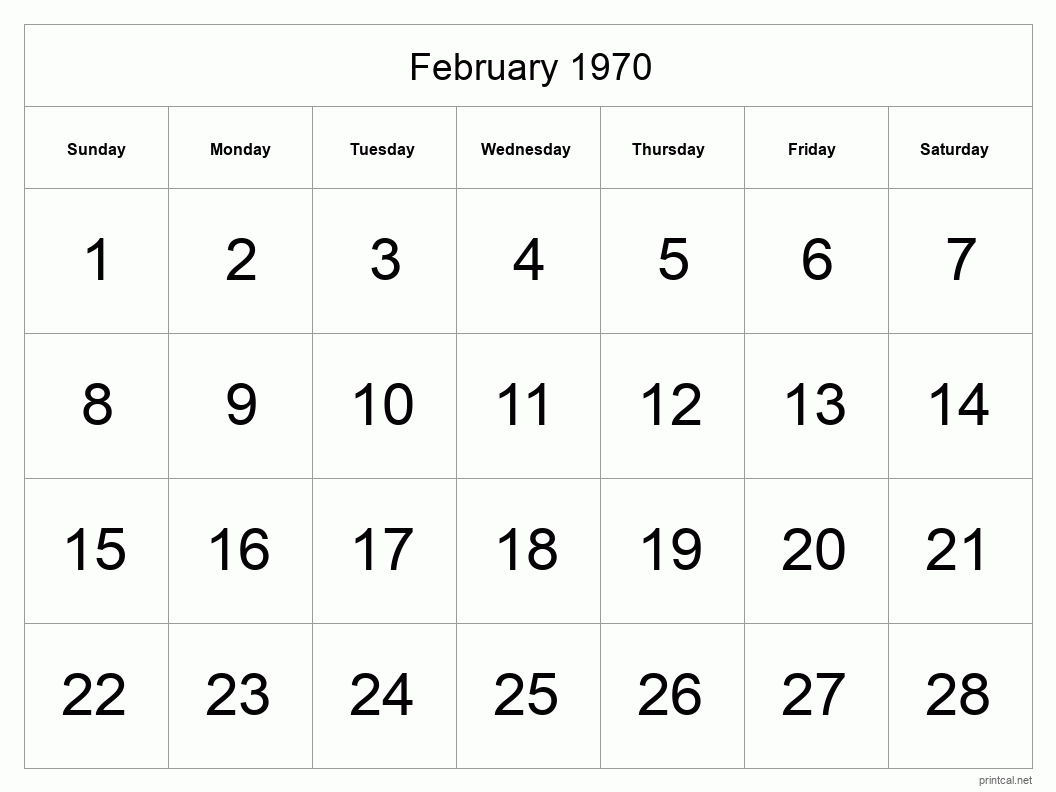 February 1970 Printable Calendar - Big Dates