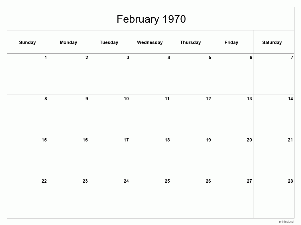 February 1970 Printable Calendar - Classic Blank Sheet