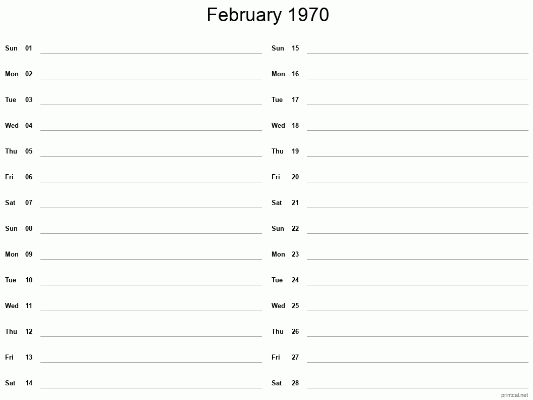 February 1970 Printable Calendar - Two Column Notesheet