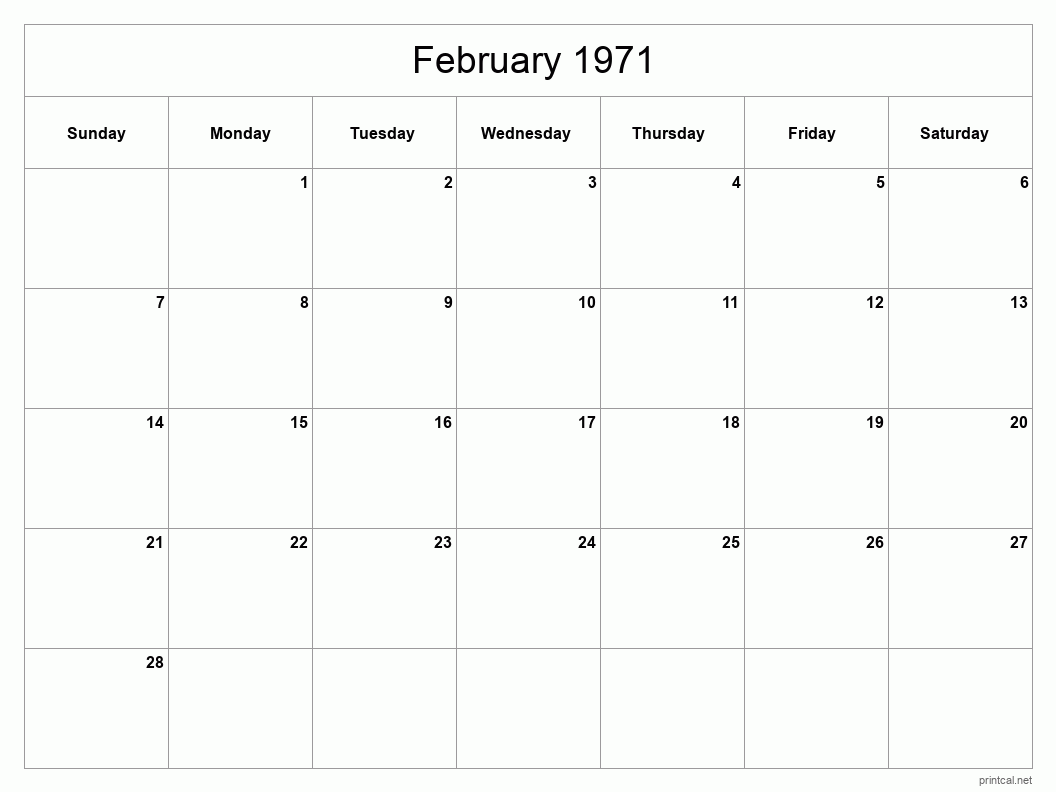 February 1971 Printable Calendar - Classic Blank Sheet