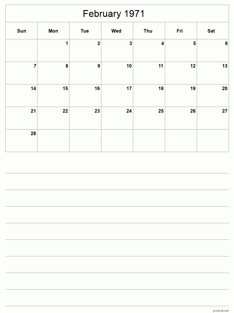 February 1971 Printable Calendar - Half-Page With Notesheet