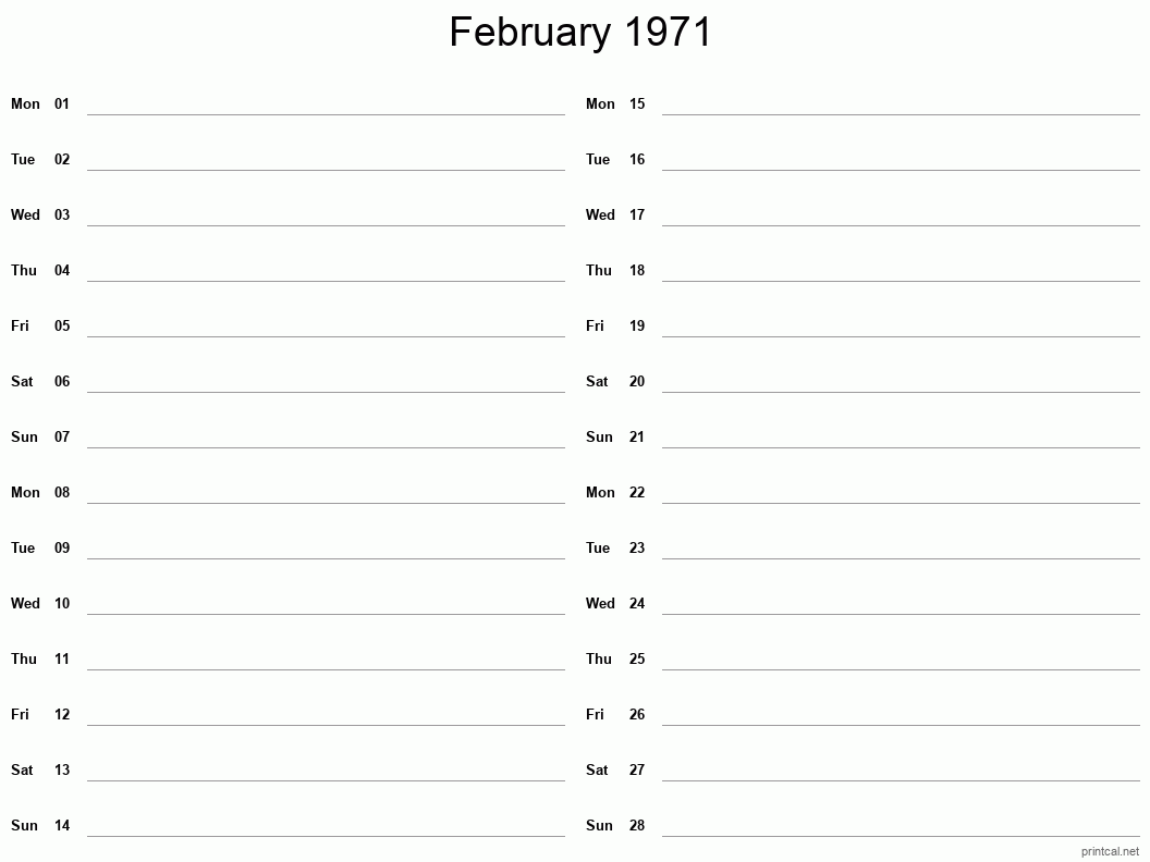 February 1971 Printable Calendar - Two Column Notesheet