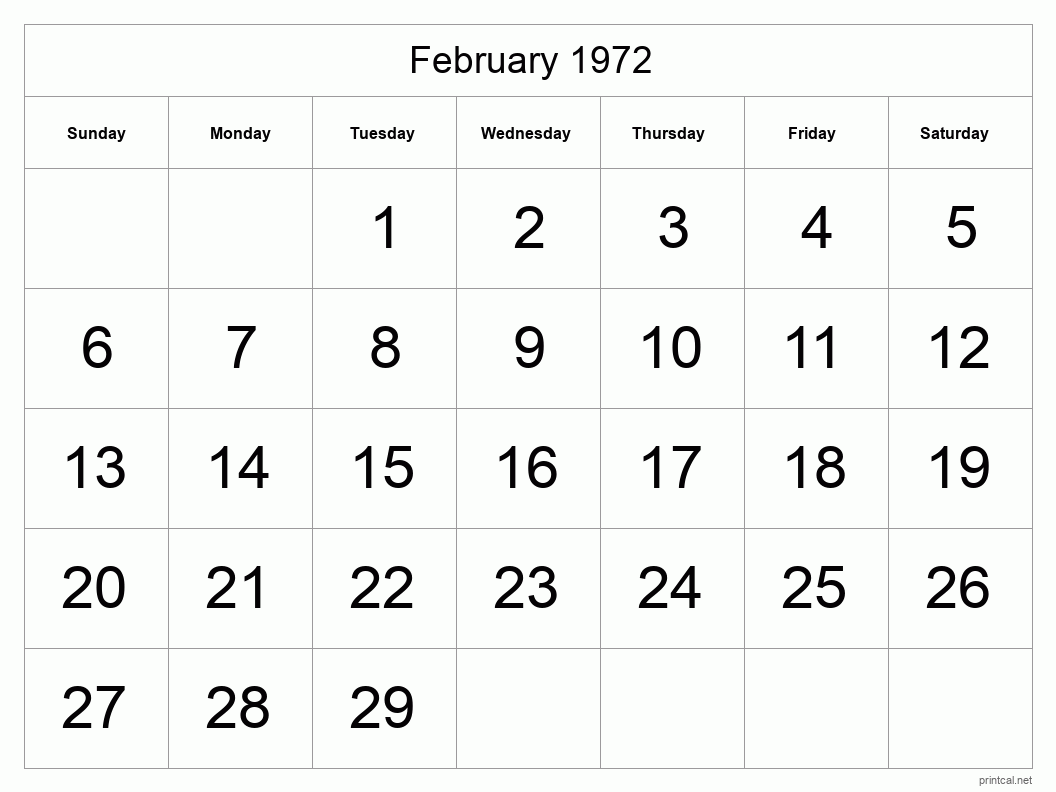 February 1972 Printable Calendar - Big Dates