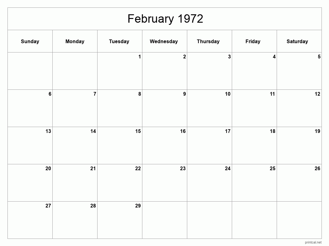 February 1972 Printable Calendar - Classic Blank Sheet