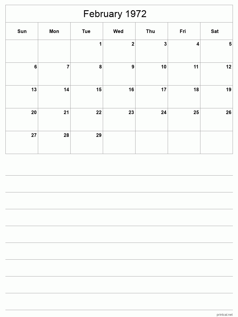 February 1972 Printable Calendar - Half-Page With Notesheet