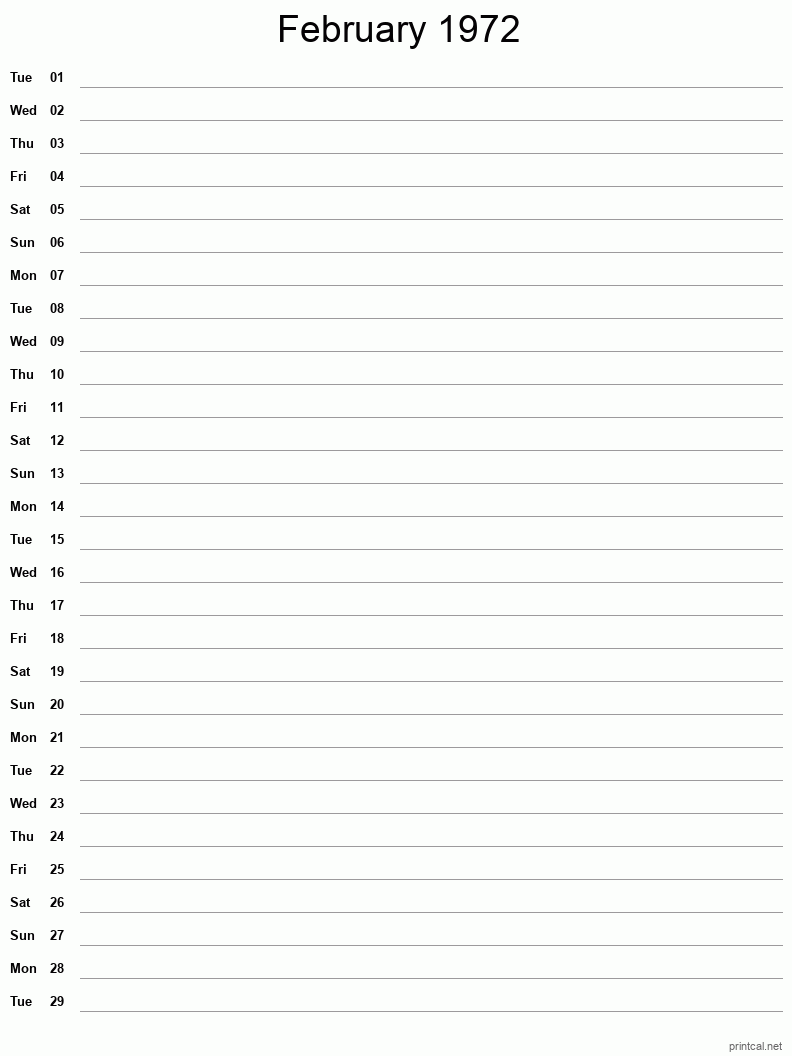 February 1972 Printable Calendar - Single Column Notesheet