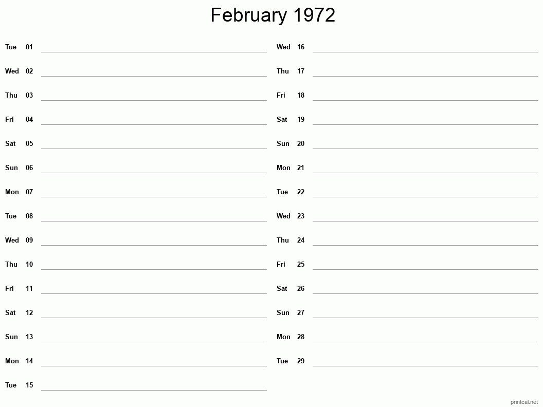 February 1972 Printable Calendar - Two Column Notesheet