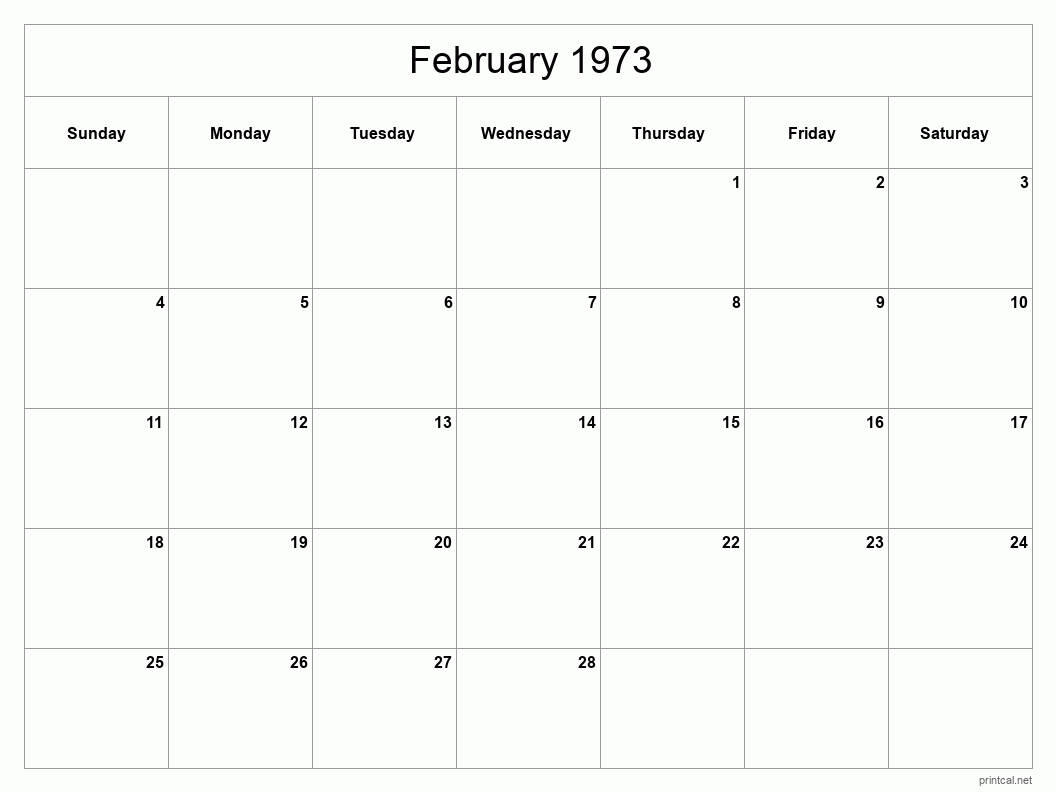 February 1973 Printable Calendar - Classic Blank Sheet