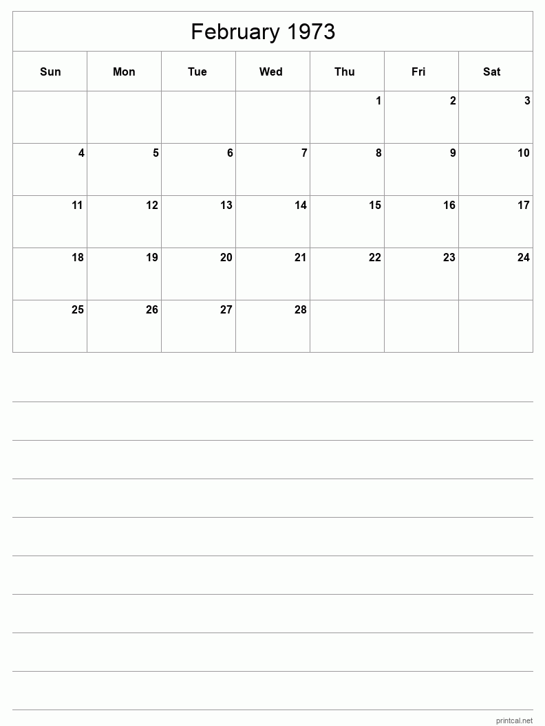 February 1973 Printable Calendar - Half-Page With Notesheet