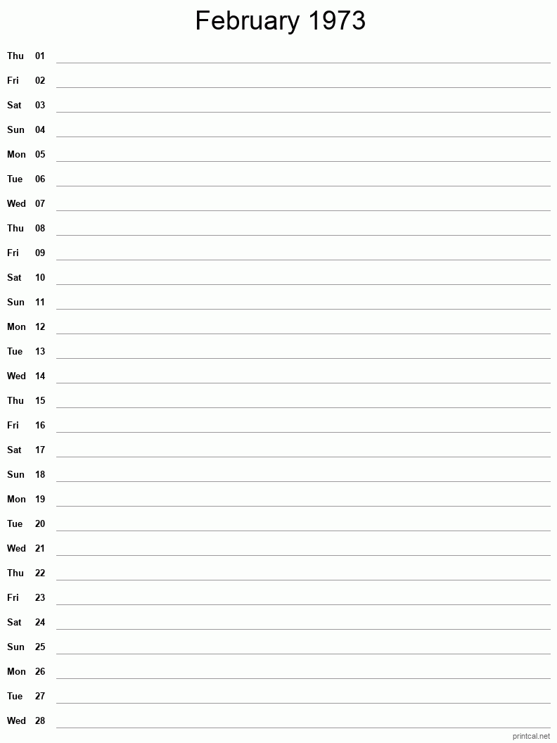 February 1973 Printable Calendar - Single Column Notesheet