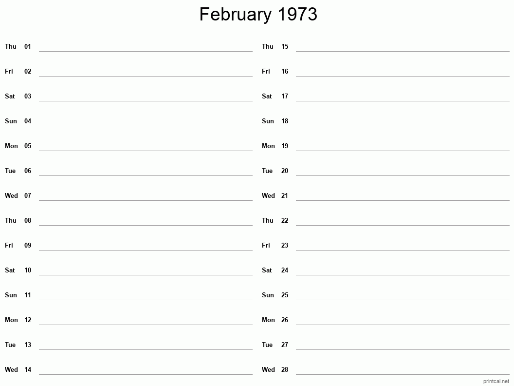 February 1973 Printable Calendar - Two Column Notesheet