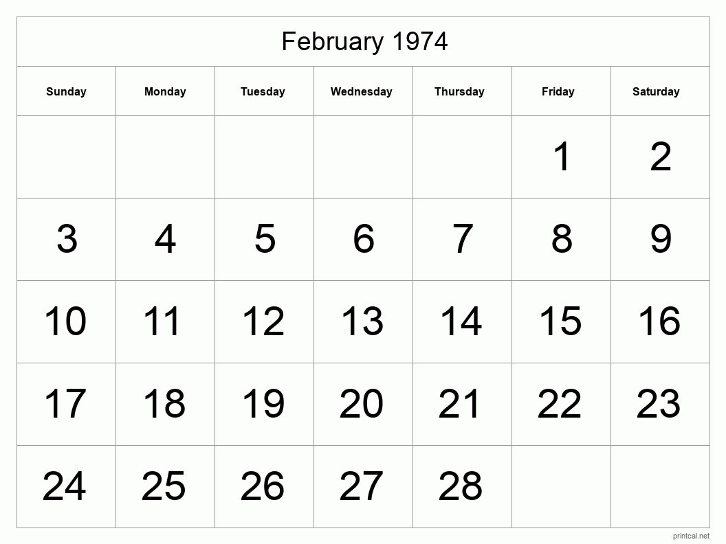 February 1974 Printable Calendar - Big Dates