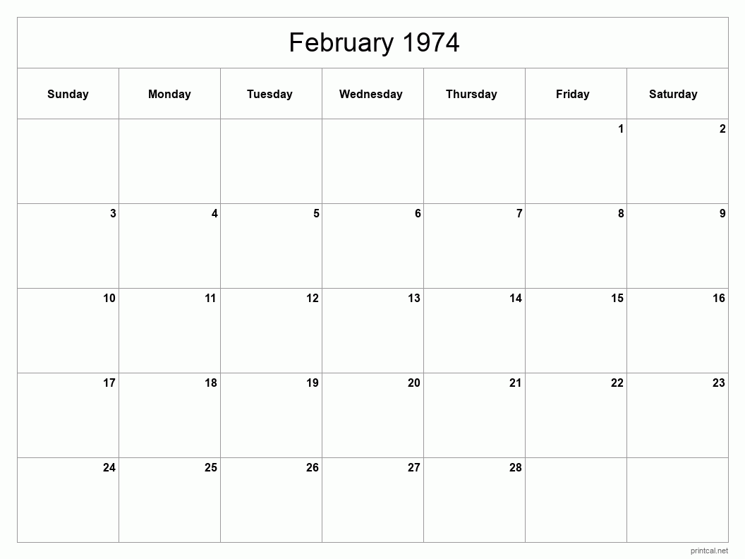 February 1974 Printable Calendar - Classic Blank Sheet