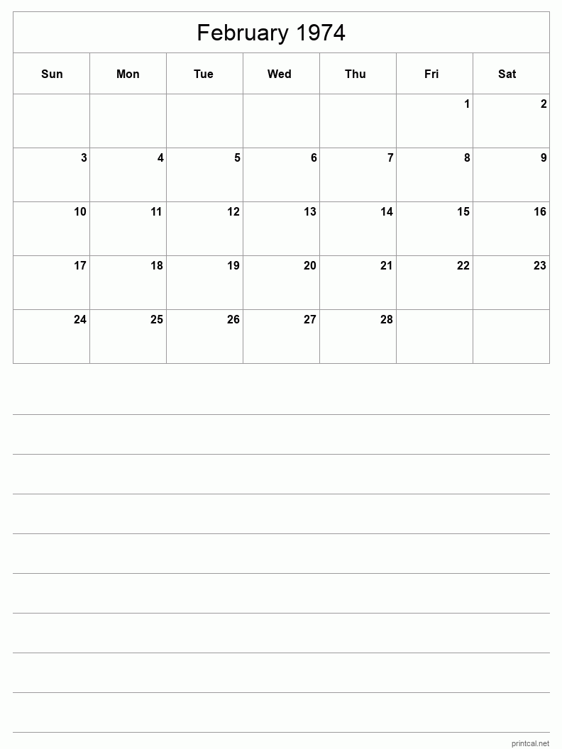 February 1974 Printable Calendar - Half-Page With Notesheet