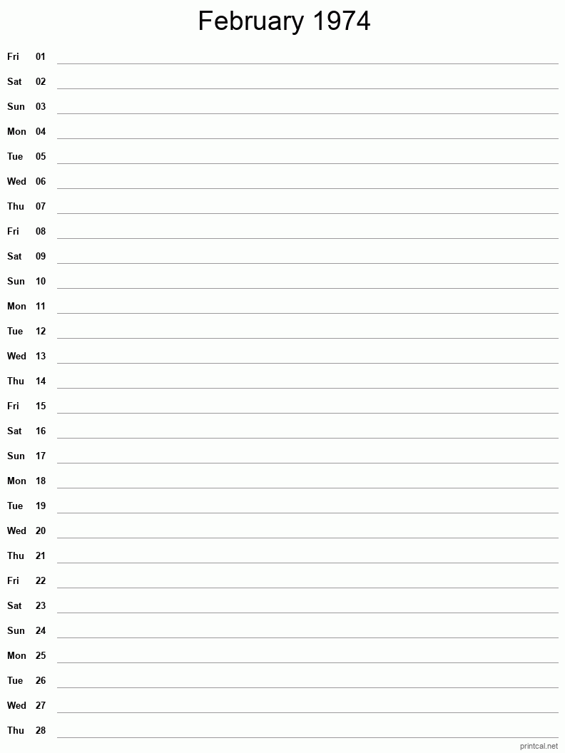 February 1974 Printable Calendar - Single Column Notesheet