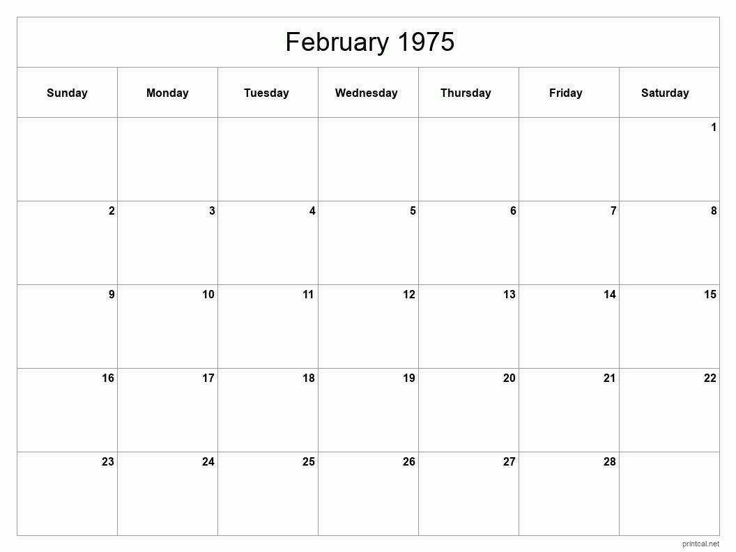 February 1975 Printable Calendar - Classic Blank Sheet