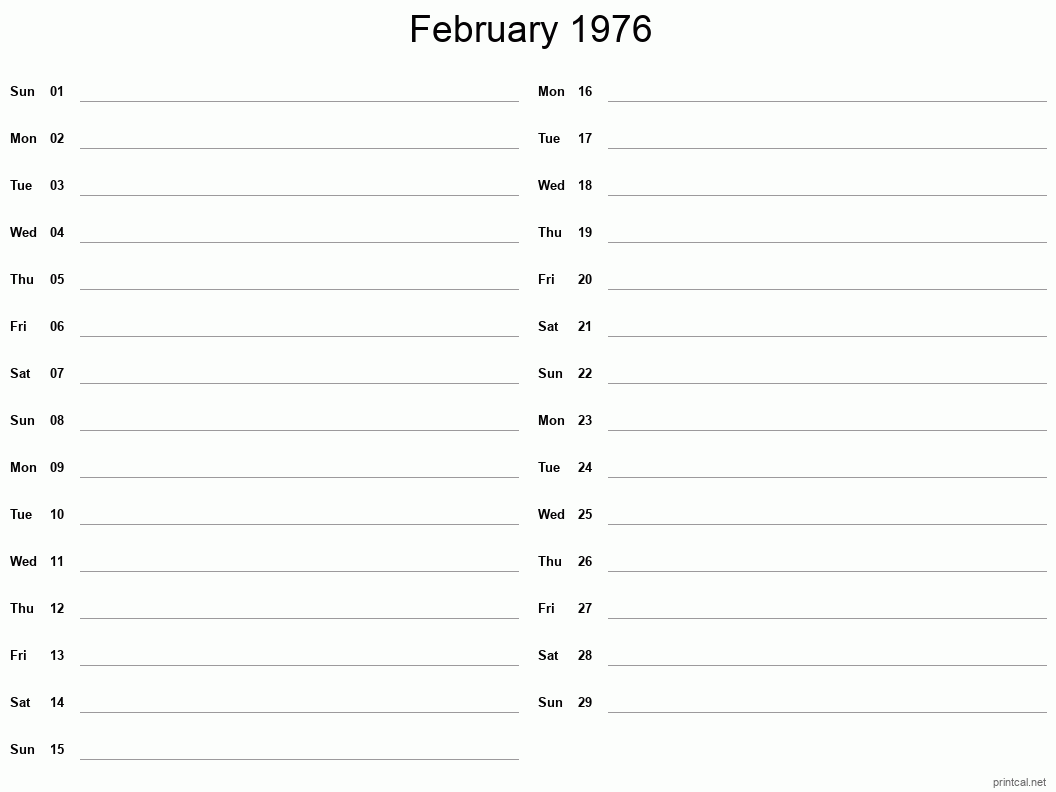 February 1976 Printable Calendar - Two Column Notesheet