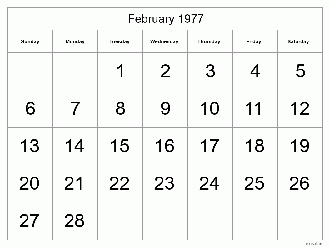 February 1977 Printable Calendar - Big Dates