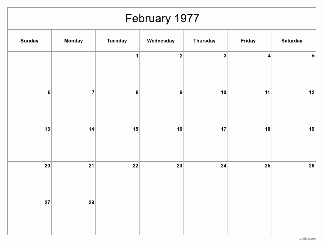 February 1977 Printable Calendar - Classic Blank Sheet