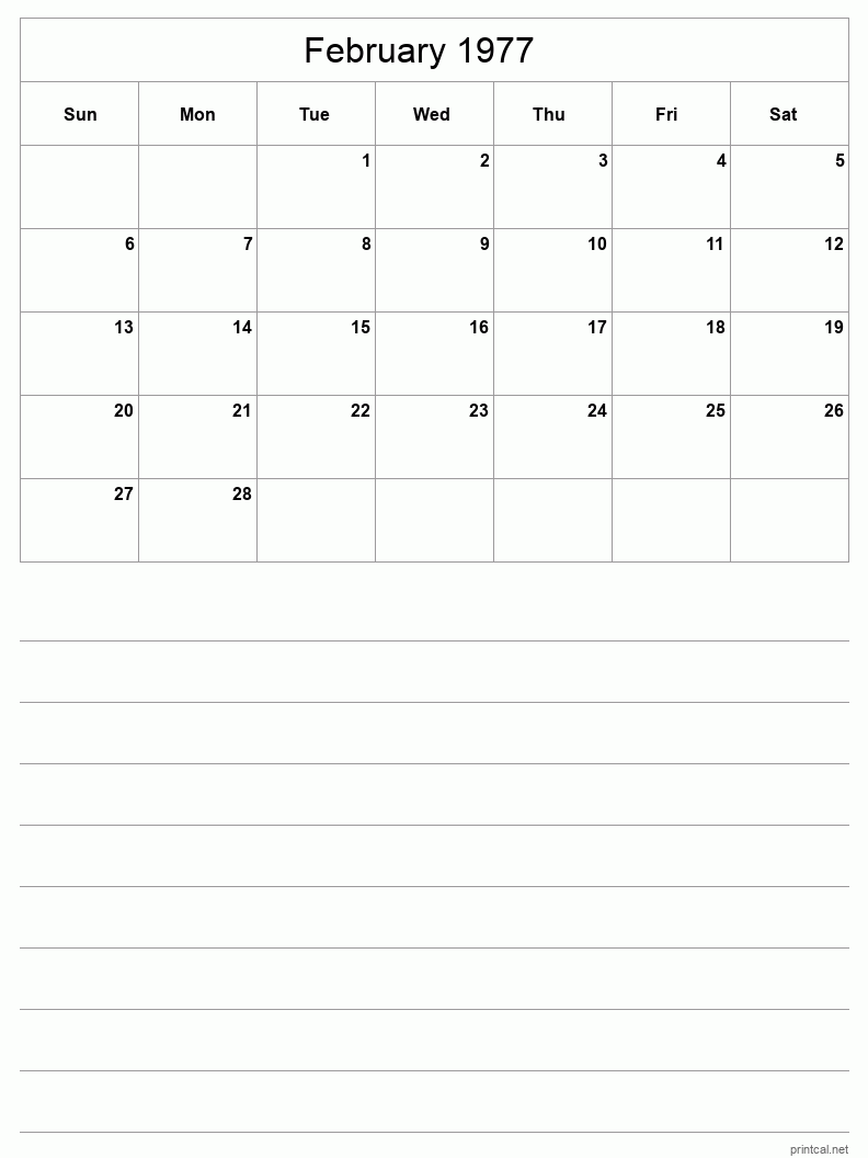 February 1977 Printable Calendar - Half-Page With Notesheet