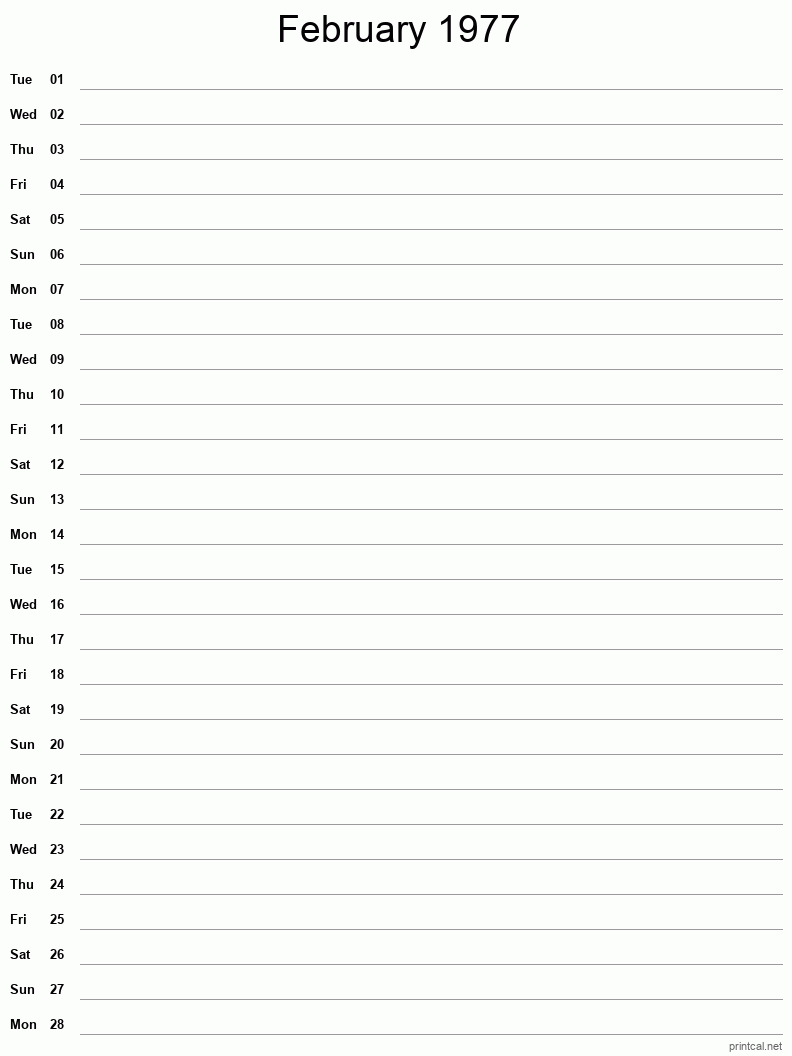 February 1977 Printable Calendar - Single Column Notesheet